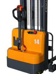 EKKO Electric Pallet Stacker in bright orange and gray with ergonomic handle and control buttons