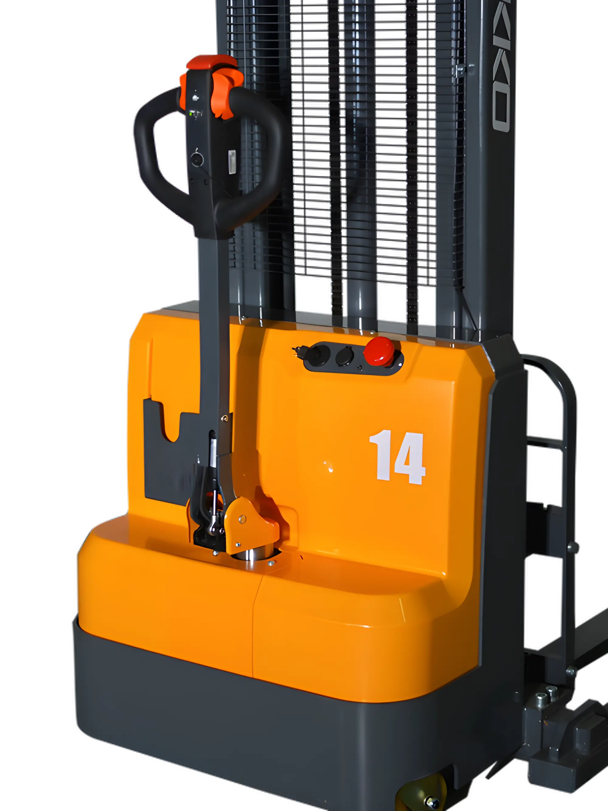 EKKO Electric Pallet Stacker in bright orange and gray with ergonomic handle and control buttons