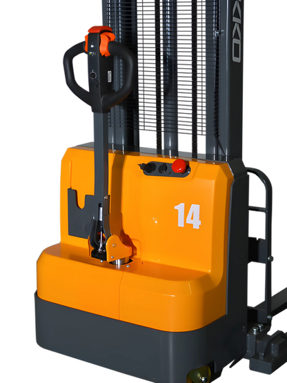 EKKO Electric Pallet Stacker in bright orange and gray with ergonomic handle and control buttons