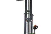EKKO Electric Pallet Stacker with black steel frame and ergonomic handle for efficient warehouse lifting