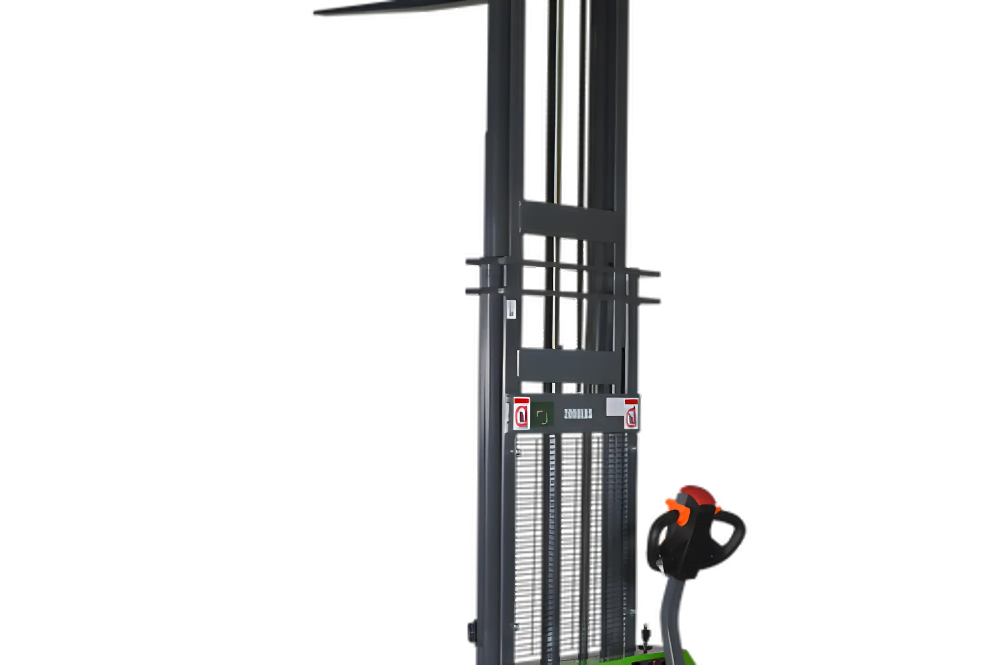 EKKO Electric Pallet Stacker with black steel frame and ergonomic handle for efficient warehouse lifting