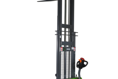 EKKO Electric Pallet Stacker with black steel frame and ergonomic handle for efficient warehouse lifting