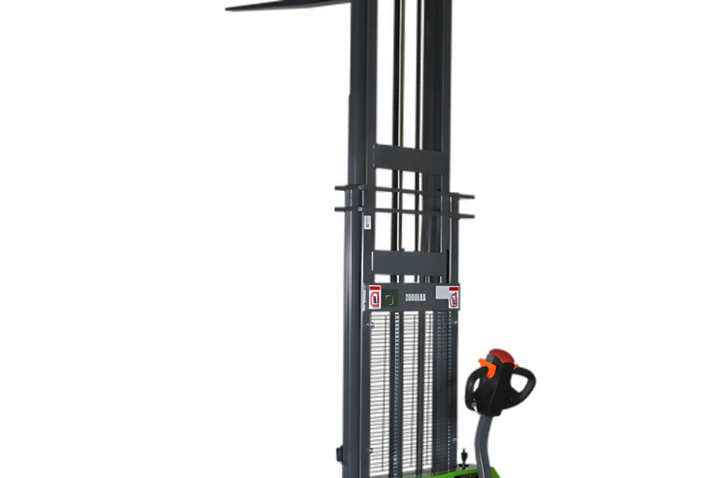 EKKO Electric Pallet Stacker with black steel frame and ergonomic handle for efficient warehouse lifting