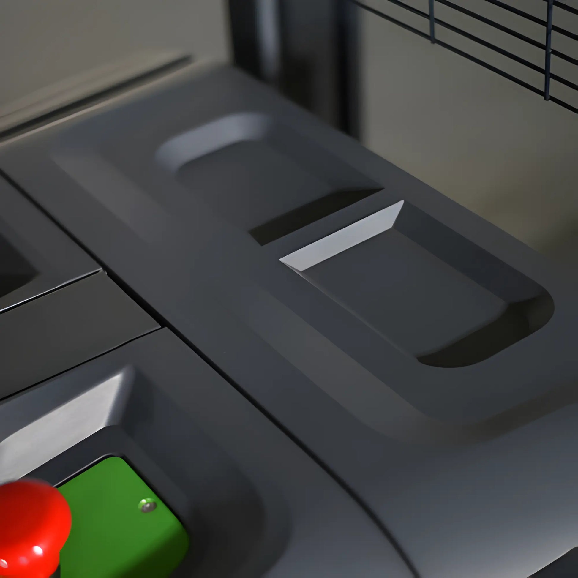 Close-up view of control panel on EKKO Electric Pallet Stacker with red and green buttons