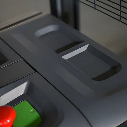 Close-up view of control panel on EKKO Electric Pallet Stacker with red and green buttons