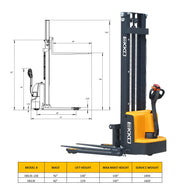 EKKO Electric Pallet Stacker with detailed dimensions and specifications for lifting heavy loads