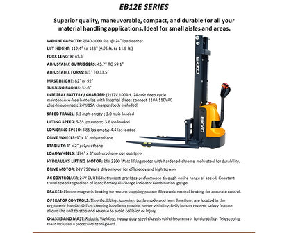 EKKO Electric Pallet Stacker EB12E Series compact and durable material handling equipment with adjustable forks and battery charger