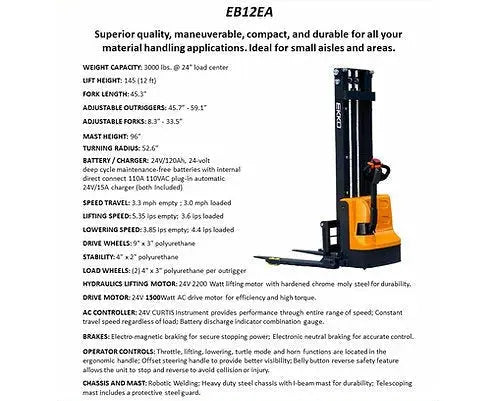 EKKO Electric Pallet Stacker EB12EA with 3000 lbs capacity and adjustable forks for material handling