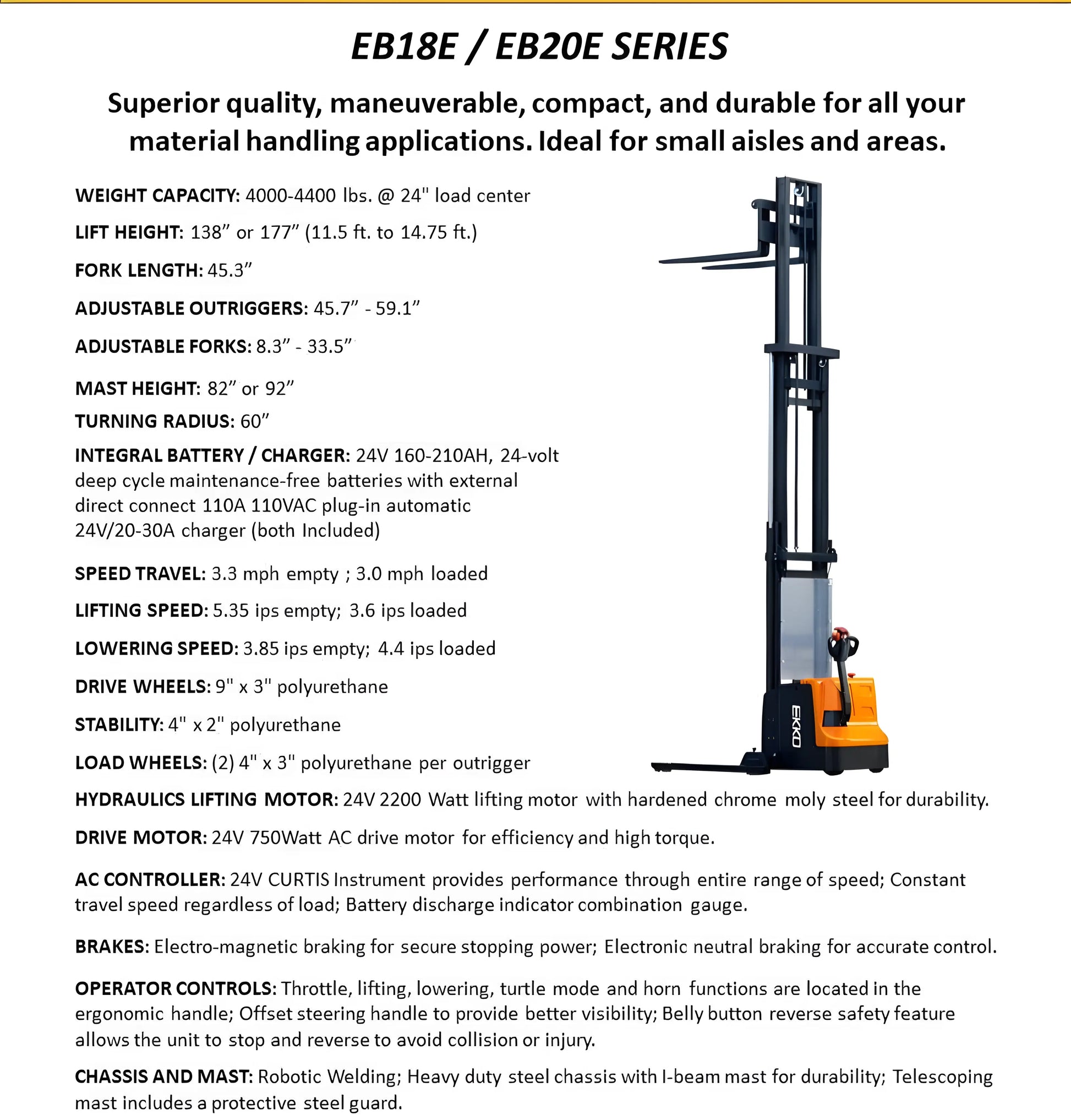 EKKO Electric Pallet Stacker EB18E EB20E Series with adjustable forks and 4400 lbs capacity for material handling