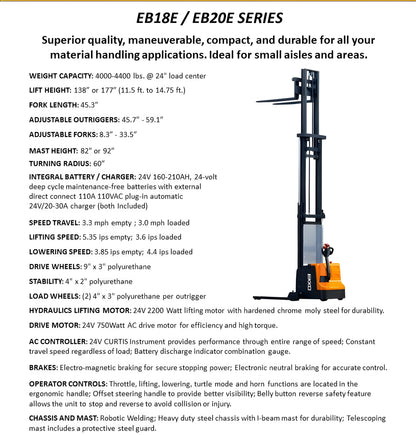EKKO Electric Pallet Stacker EB18E EB20E Series with adjustable forks and 4400 lbs capacity for material handling