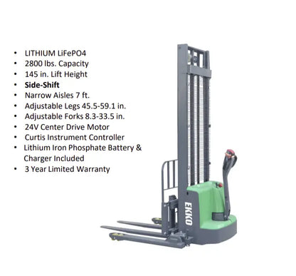 EKKO Electric Pallet Stacker with 2800 lbs capacity and 145 inch lift height for narrow aisles