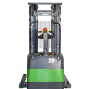 EKKO electric pallet stacker in gray and green with control handle and 4400 lbs capacity