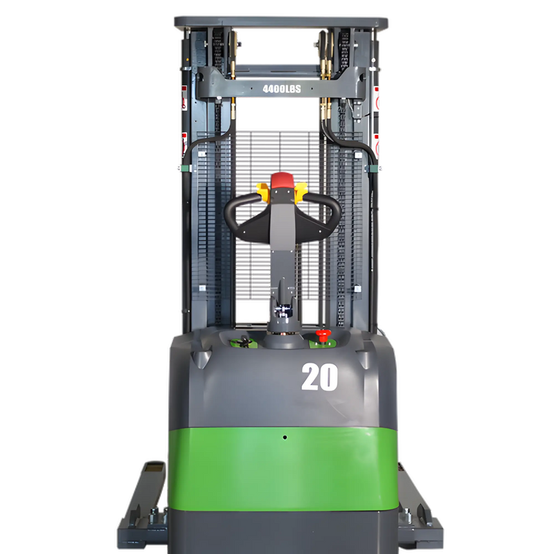 EKKO electric pallet stacker in gray and green with control handle and 4400 lbs capacity