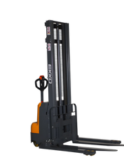 EKKO electric pallet stacker with durable steel frame and ergonomic handle for efficient material handling
