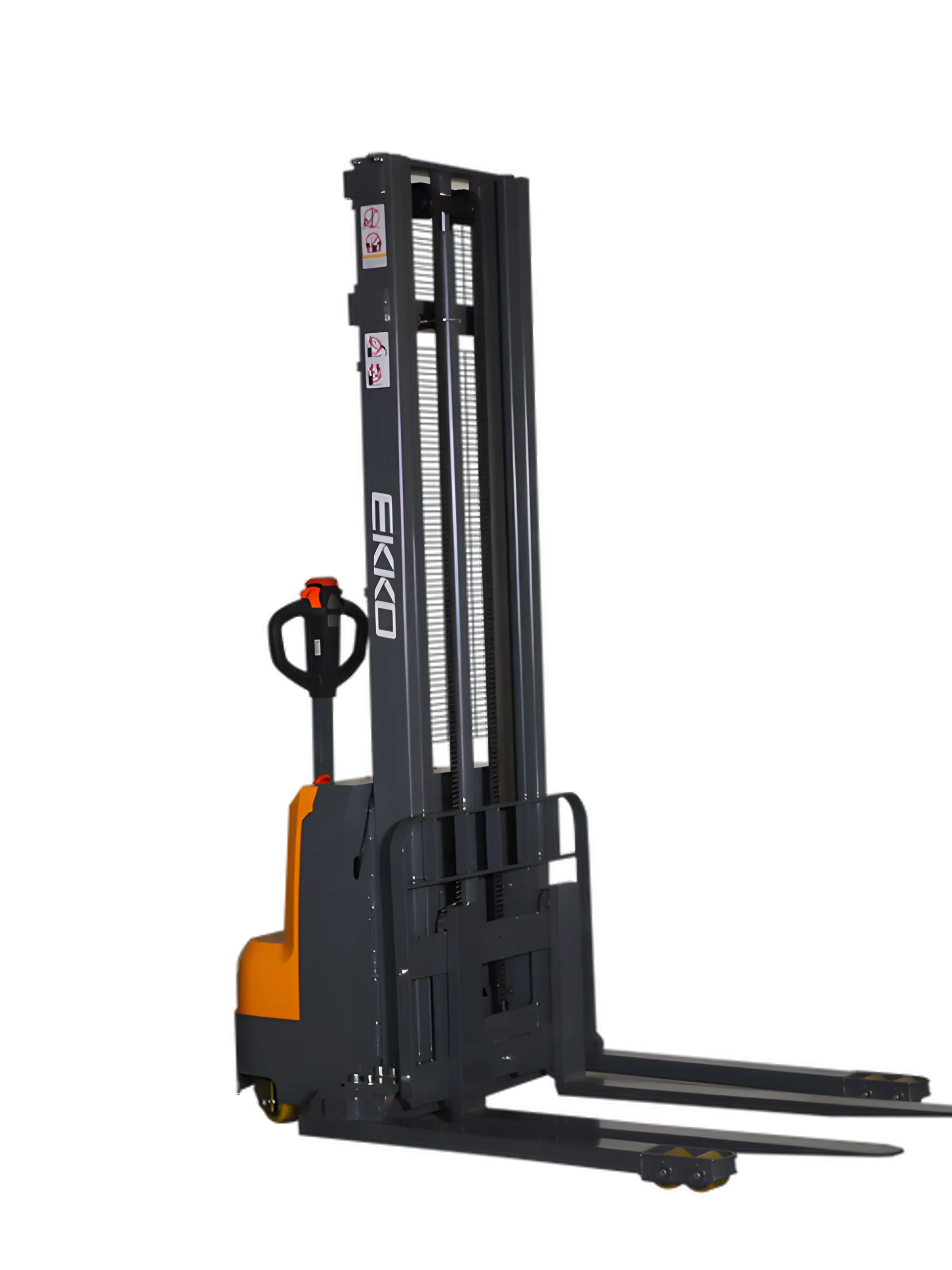 EKKO electric pallet stacker with durable steel frame and ergonomic handle for efficient material handling