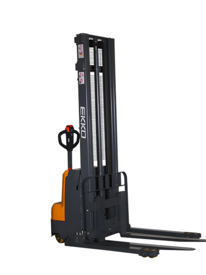 EKKO electric pallet stacker with durable steel frame and ergonomic handle for efficient material handling