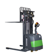 EKKO Electric Pallet Stacker with black and green body and elevated forks for lifting pallets