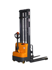 EKKO electric pallet stacker in orange and black with lifting forks and control handle