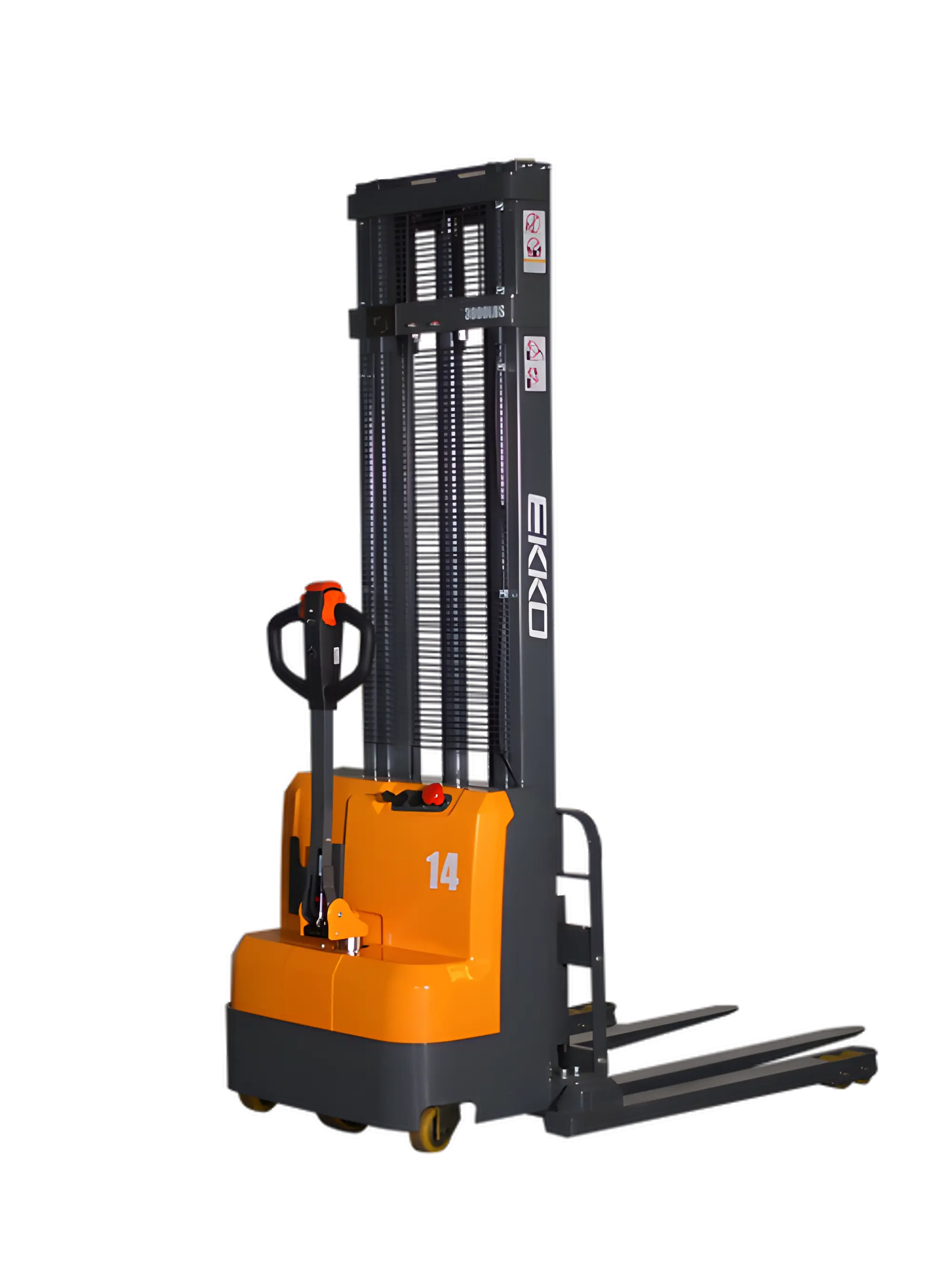 EKKO electric pallet stacker in orange and black with lifting forks and control handle