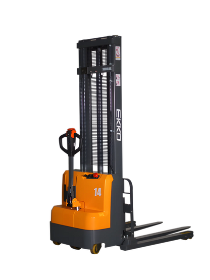 EKKO electric pallet stacker in orange and black with lifting forks and control handle