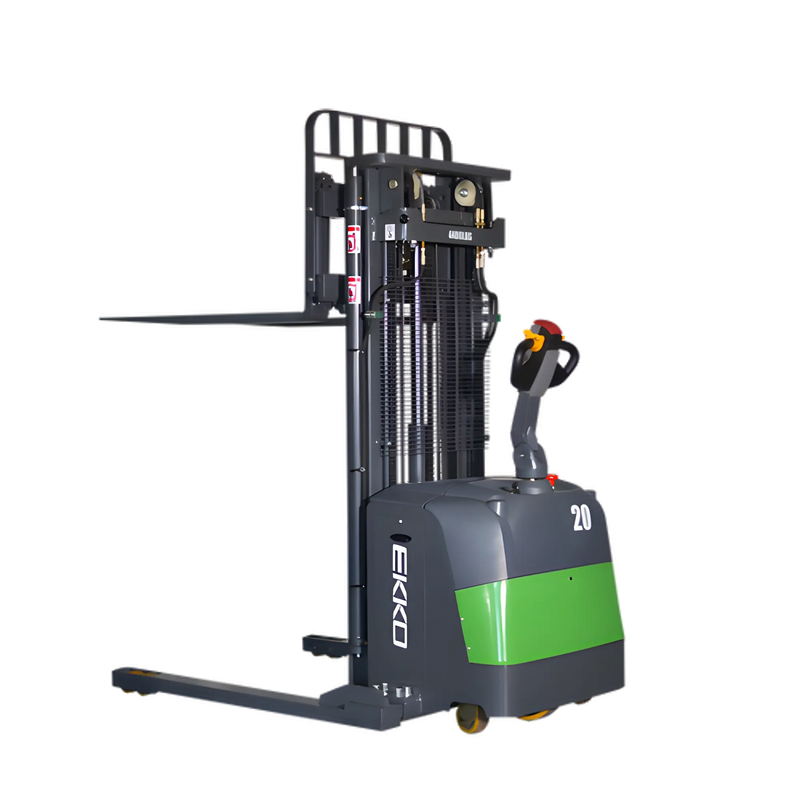 EKKO Electric Pallet Stacker with green and gray body designed for efficient warehouse material handling
