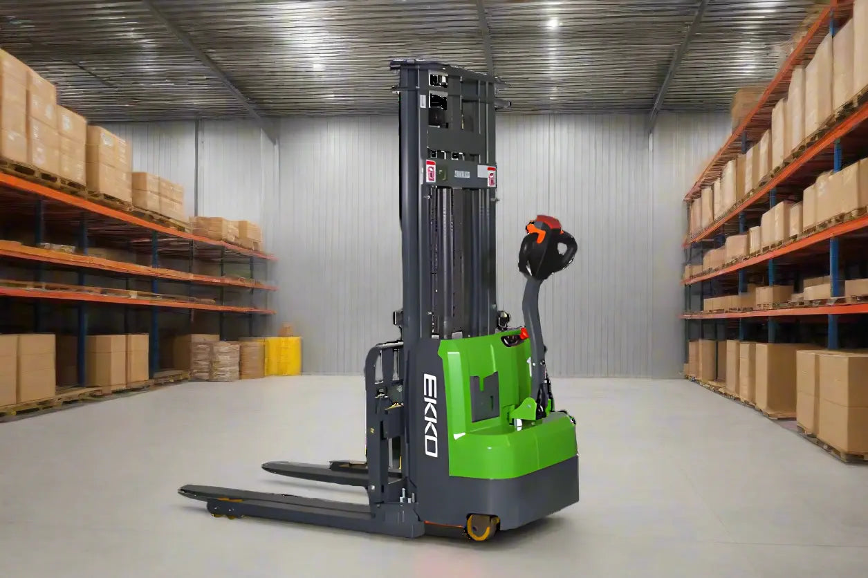EKKO Electric Pallet Stacker in a warehouse with shelves of boxes on both sides