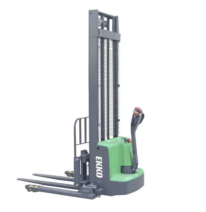 EKKO Electric Pallet Stacker with green body and black handle for efficient warehouse lifting