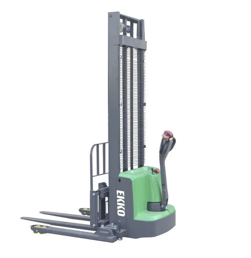 EKKO Electric Pallet Stacker with green body and black handle for efficient warehouse lifting