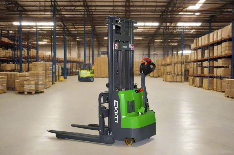 EKKO Electric Pallet Stacker in a warehouse with stacked boxes on shelves