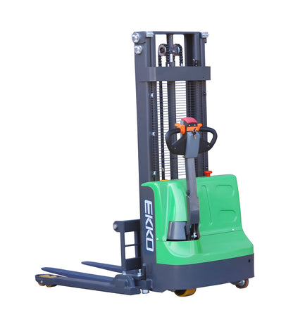 EKKO green and black electric pallet stacker with control handle for warehouse lifting