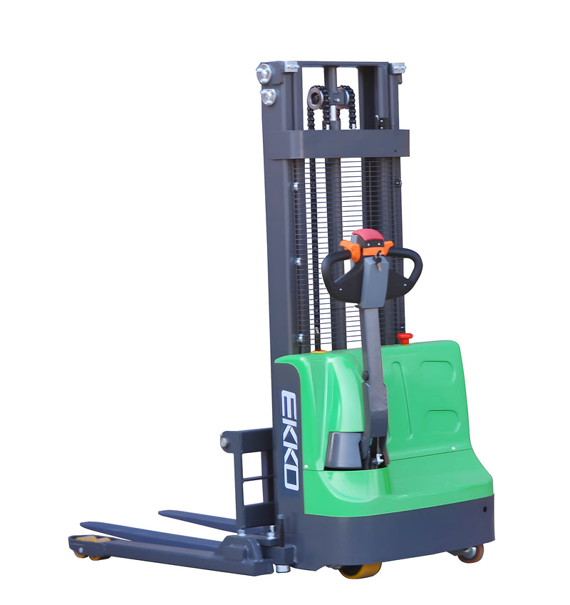 EKKO green and black electric pallet stacker with control handle for warehouse lifting
