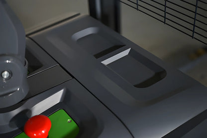 Close-up of control panel on EKKO Electric Pallet Stacker showing red emergency stop button