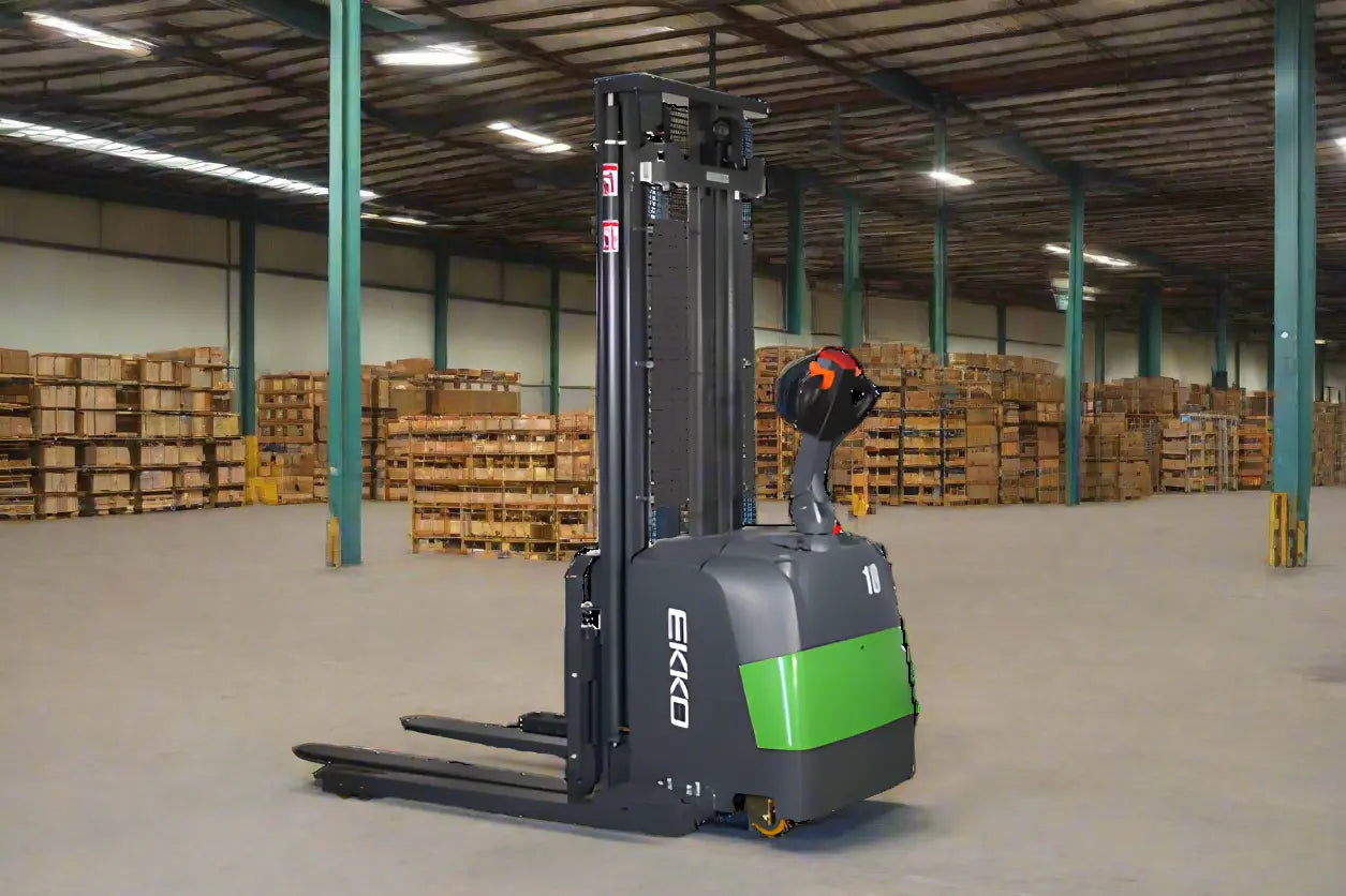 EKKO Electric Pallet Stacker in warehouse with green and gray body for efficient pallet handling