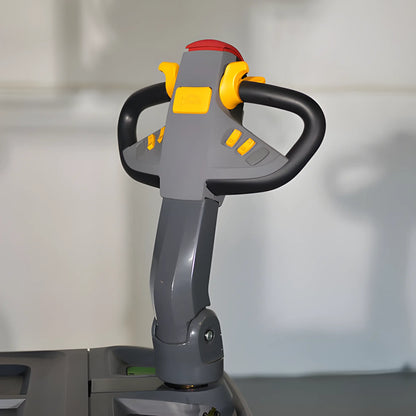 EKKO Electric Pallet Stacker gray control handle with yellow and red buttons close-up