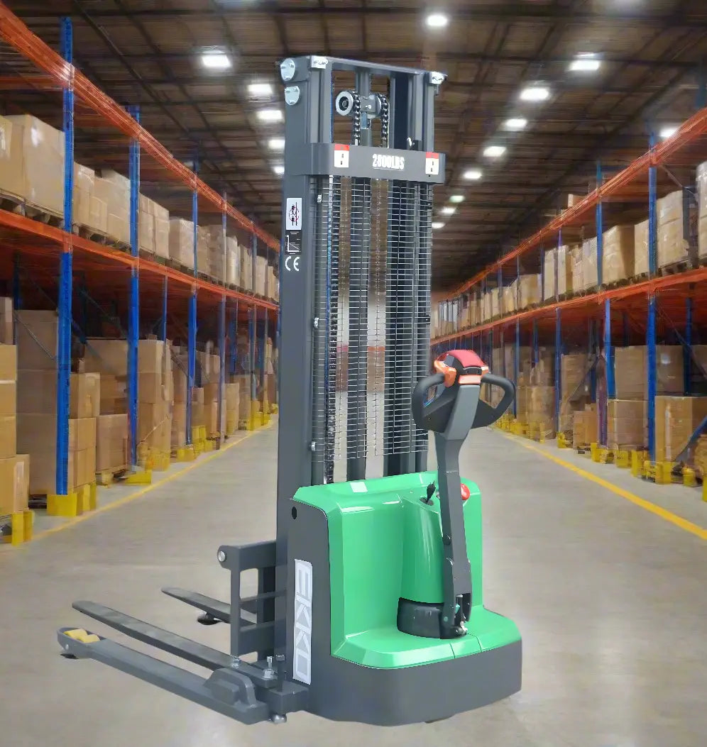 EKKO Electric Pallet Stacker with green base and black lifting mechanism in a warehouse aisle