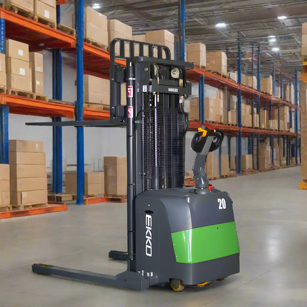 EKKO Electric Pallet Stacker in warehouse with tall shelving and stacked boxes