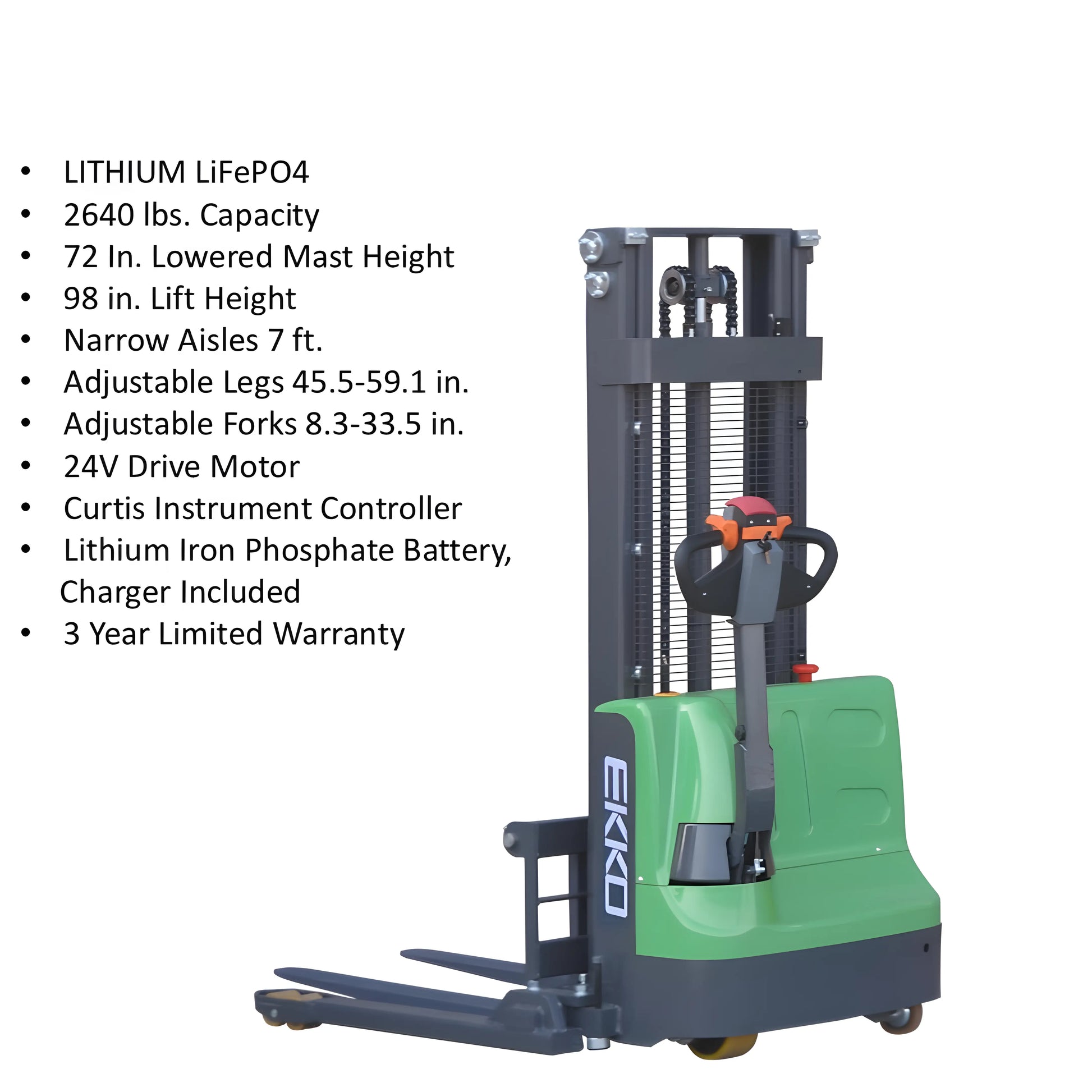 EKKO Electric Pallet Stacker with 2640 lbs capacity and adjustable forks for narrow aisles
