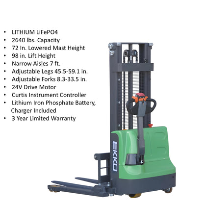EKKO Electric Pallet Stacker with 2640 lbs capacity and adjustable forks for narrow aisles