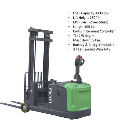 EKKO Electric Pallet Stacker with 3300 lbs load capacity and 130 inch lift height
