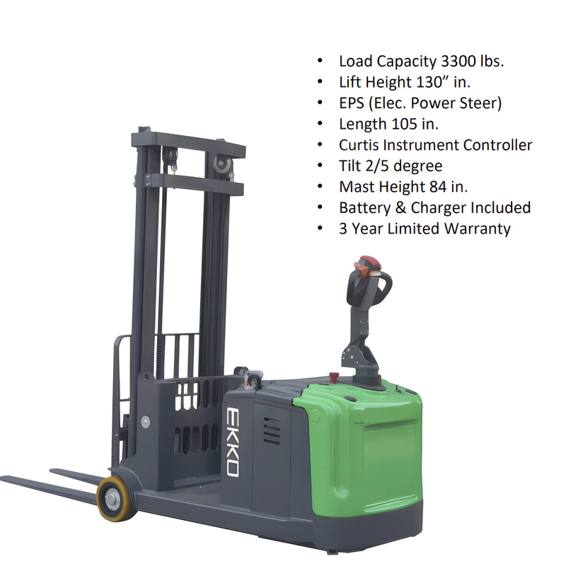 EKKO Electric Pallet Stacker with 3300 lbs load capacity and 130 inch lift height
