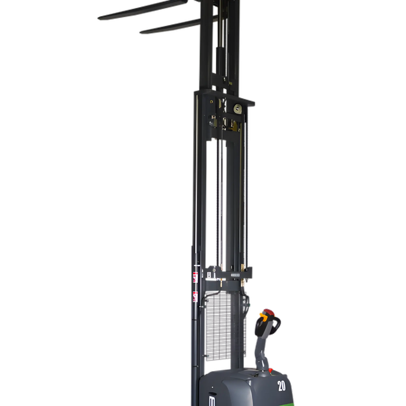 EKKO Electric Pallet Stacker with tall lifting mast and ergonomic handle for warehouse use
