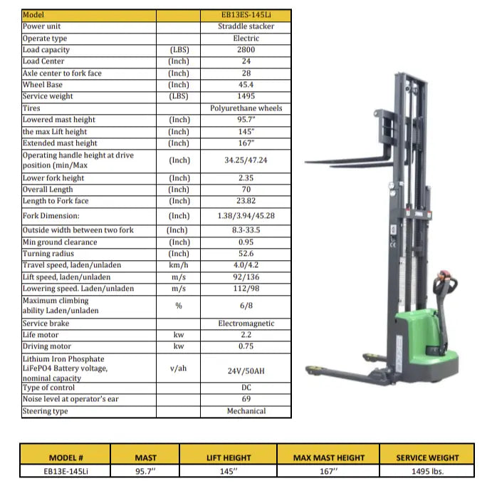 EKKO electric pallet stacker with 2800 lbs load capacity and 145 inch max lift height in green and black