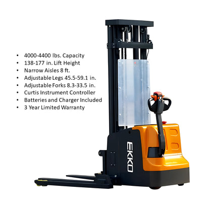 EKKO Electric Pallet Stacker with adjustable forks and legs, 4000-4400 lbs capacity, orange and black