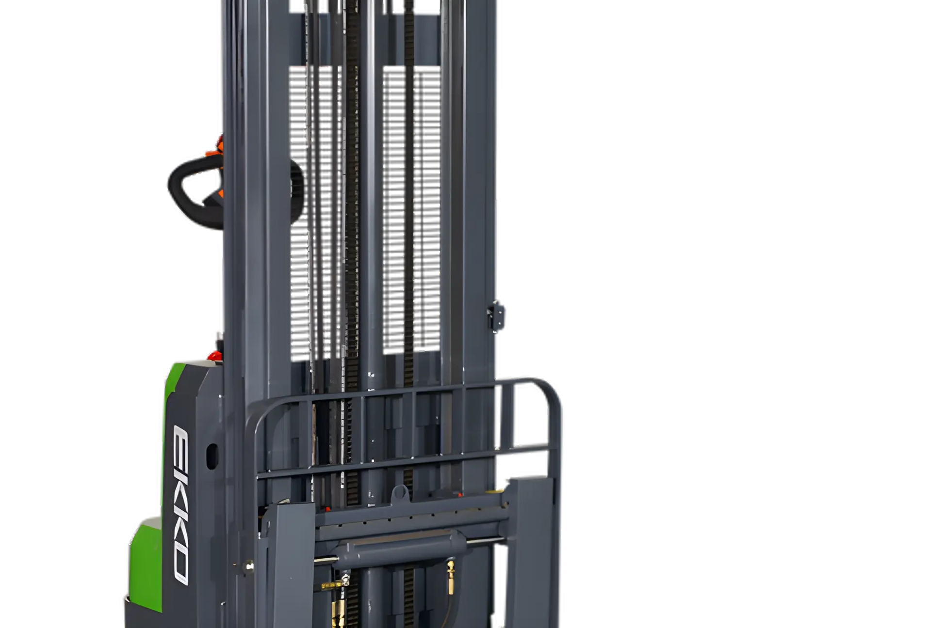 EKKO Electric Pallet Stacker with black and green design, steel frame, and lifting mechanism