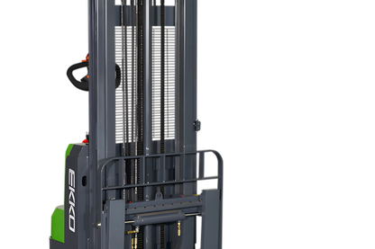EKKO Electric Pallet Stacker with black and green design, steel frame, and lifting mechanism