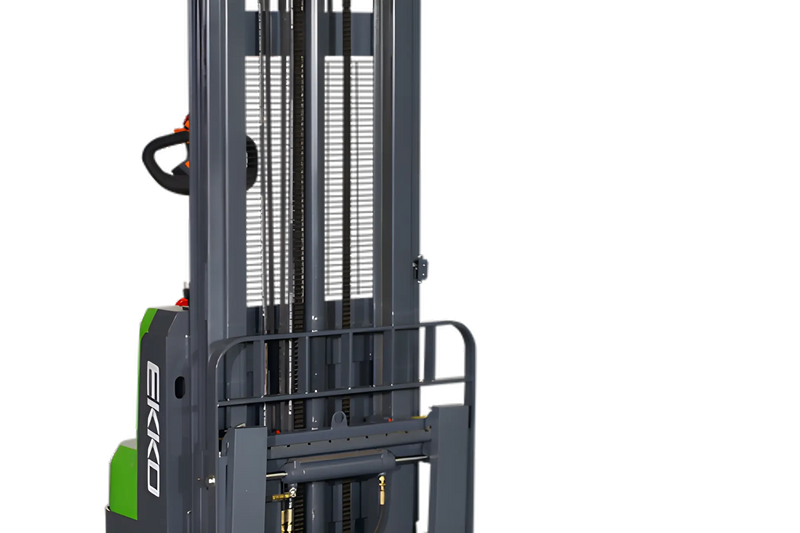 EKKO Electric Pallet Stacker with black and green design, steel frame, and lifting mechanism