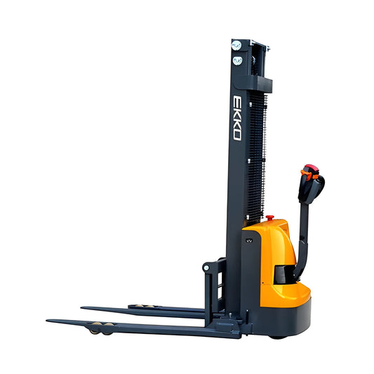 EKKO Electric Pallet Stacker in black and yellow for efficient warehouse lifting and stacking tasks