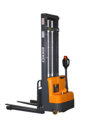 EKKO Electric Pallet Stacker in orange and black with dual lifting forks and ergonomic handle