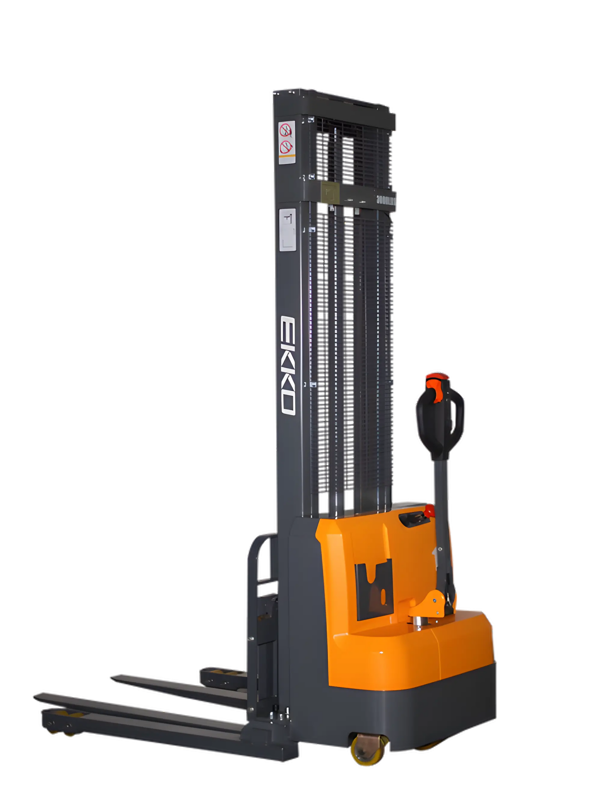 EKKO Electric Pallet Stacker in orange and black with dual lifting forks and ergonomic handle