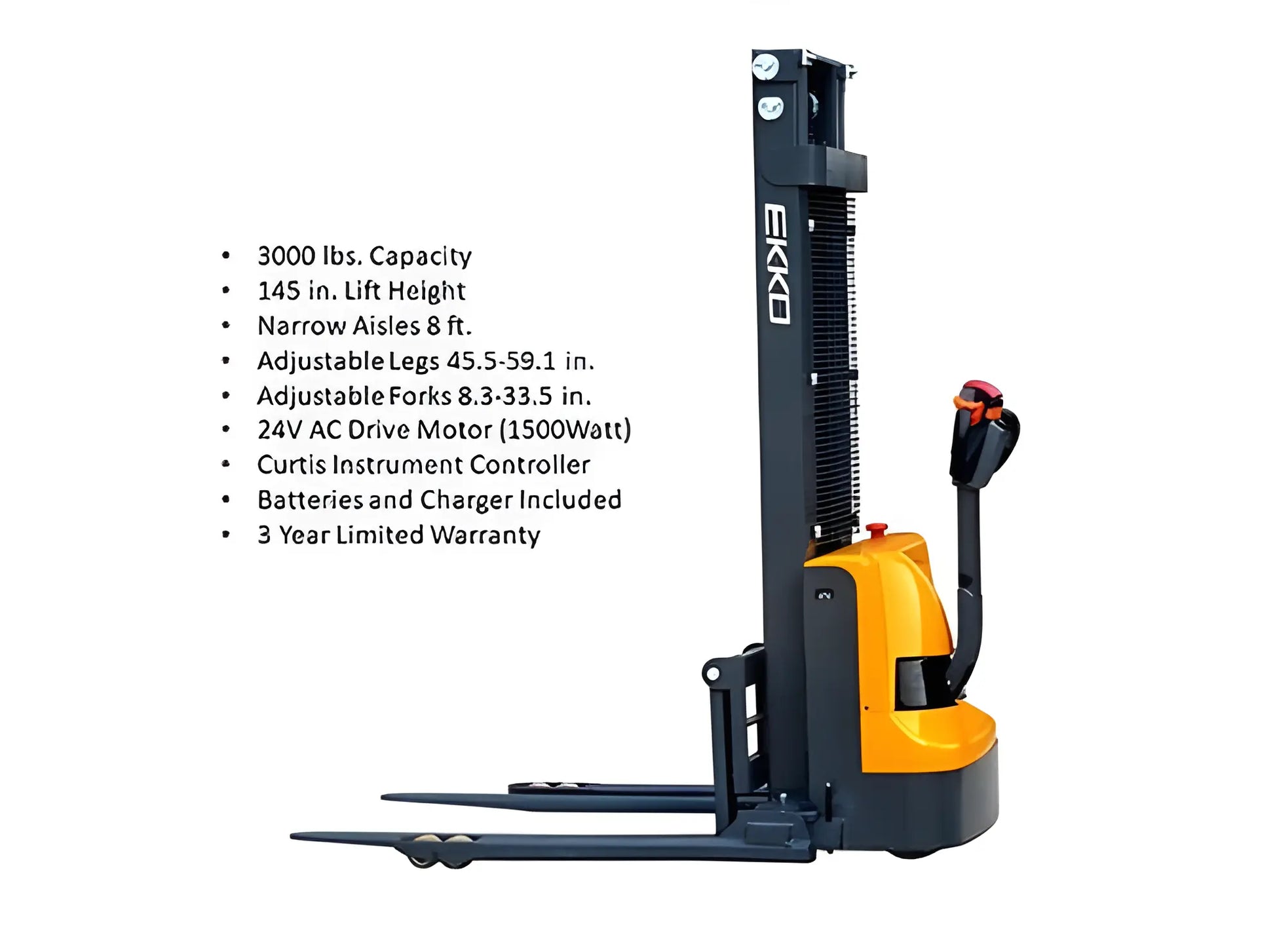 EKKO Electric Pallet Stacker with 3000 lbs capacity and 145 inch lift height for narrow aisles